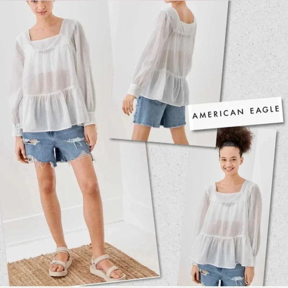American Eagle Oversized Square Neck Long Sleeve Peasant Blouse - NWOT - Picture 1 of 6